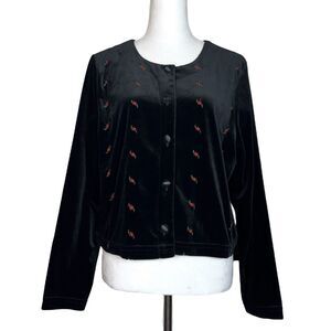 Vintage Velvet Button Up Shirt Size L Black Floral Embroidered Whimsigoth Vamp